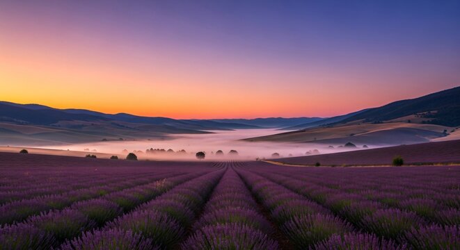Rows of purple lavender fields stretching towards rolling hills at dawn, with a gentle mist in the valley