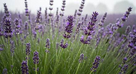 Obraz premium Closeup view of blooming lavender flowers in a field, with dew drops glistening on the petals