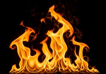 Fototapeta premium Vivid fire element isolated on black, showing tall, bright, and vibrant dancing flames in a line