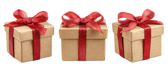 Three beautifully wrapped gift boxes with red ribbons, arranged in a row, set against a transparent background, perfect for holiday or celebration-themed visuals