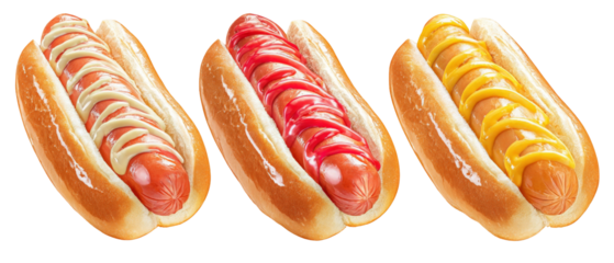 Three delicious hot dogs arranged in a row, featuring different toppings of mustard and ketchup, set against a clean white background, ideal for food-related promotions or advertisements