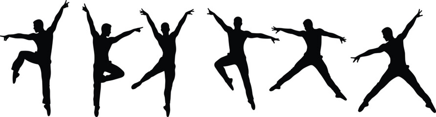 Silhouette male dancers performing modern dance jumps and poses, expressive movement illustration for performing arts, choreography concept, vector dance performance design