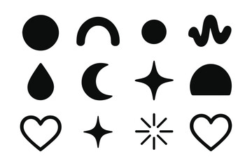 Fototapeta premium Brutalist Icon Set. Minimal Mood silhouette icon set: circle, curved line, dot, abstract wave, droplet, moon, star, gradient, horizon, heart outline, spark, beam. , .
