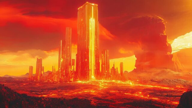 Dystopian cityscape glowing under a volcanic eruption