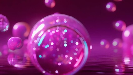Pink and purple glowing bubbles floating above reflective water - Powered by Adobe