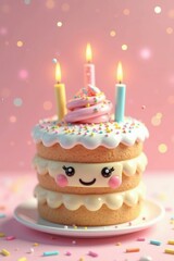 Cute kawaii birthday cake with candles and confetti