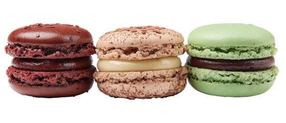 Three colorful macarons arranged in a row, showcasing a rich red, beige, and green color palette, with a blurred kitchen background suggesting a baking environment