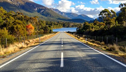 A straight, empty road stretches into the distance, leading towards a lake and mountains under a partly cloudy sky