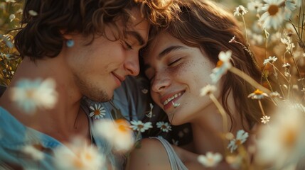 Fototapeta premium Young Couple Embracing in a Daisy Field, Soft Sunlight