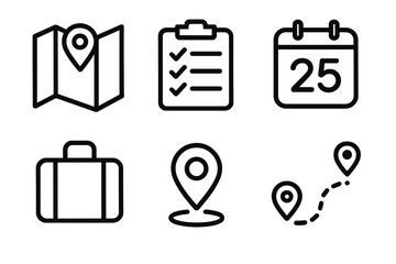 Travel Planning Icons. Trip Planning linear icon set: map icon, checklist, calendar date, suitcase, location pin, travel route.