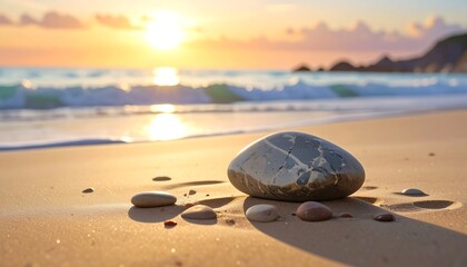 A sunlit beach scene, a large, smooth stone is the focal point, surrounded by smaller pebbles. The ocean waves gently roll towards the shore