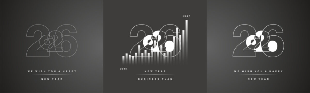 2026 Happy New Year modern overlap line design numbers typography. Set collection of 2026 business strategy plan white grey black icon logo for calendar, poster, banner and social media template