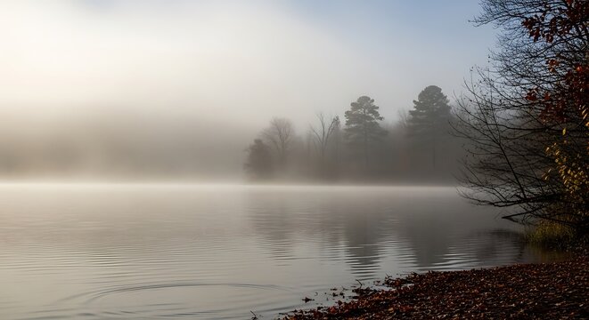 Misty lake scene with trees and reflection under soft sunlight - Powered by Adobe