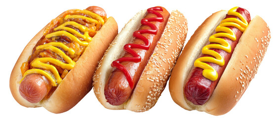 Three delicious hot dogs with various toppings, including mustard and ketchup, displayed appetizingly against a white background, ideal for food-related content and promotions