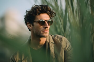 Man with sunglasses looks into the distance between green plants in soft focus