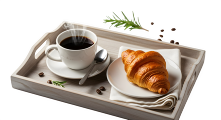 Aromatic coffee and a golden croissant on a rustic wooden tray, , a delightful breakfast scene with steam rising from the cup and rosemary sprigs adding a touch of freshness