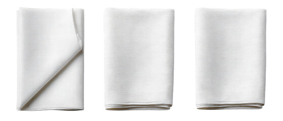 Three neatly folded white napkins arranged in a row, showcasing crisp edges and smooth texture, ideal for dining settings, catering events, or table decoration