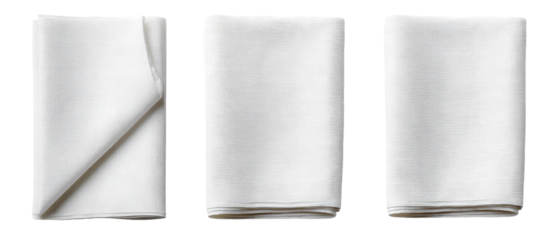 Three neatly folded white napkins arranged in a row, showcasing crisp edges and smooth texture, ideal for dining settings, catering events, or table decoration