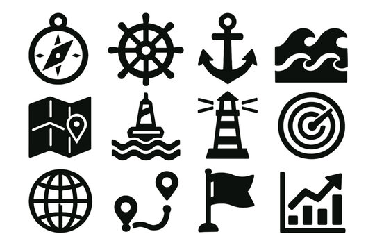 Bold Nautical Icon Set. Maritime Navigation silhouette icon set: compass, ship wheel, anchor, wave, map, buoy, lighthouse, radar, globe, route line, flag, chart.