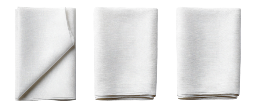 Three neatly folded white napkins arranged in a row, showcasing crisp edges and smooth texture, ideal for dining settings, catering events, or table decoration