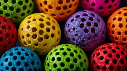 High quality image of colorful wiffle balls with holes in a close up macro shot.