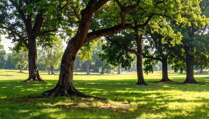 Obraz premium A sunlit, serene park scene. Trees with expansive, textured trunks are cast in a soft, dappled light, with green grass in the foreground