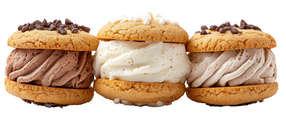 Three delicious ice cream sandwiches featuring chocolate and vanilla flavors, arranged attractively with chocolate sprinkles, set against a clean white background, ideal for dessert promotions