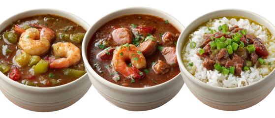 A vibrant display of three bowls of flavorful seafood and meat dishes, featuring shrimp gumbo and rice, set against a clean white background, ideal for culinary promotions