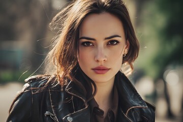 Naklejka premium Portrait of a confident woman wearing a leather jacket outdoors in natural light