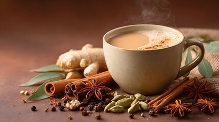 High quality image of hot masala chai tea with spices in a cup on a brown background.