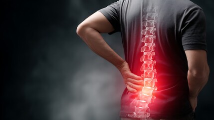 High quality image of man with back pain highlighted in red, concept of health and medicine.
