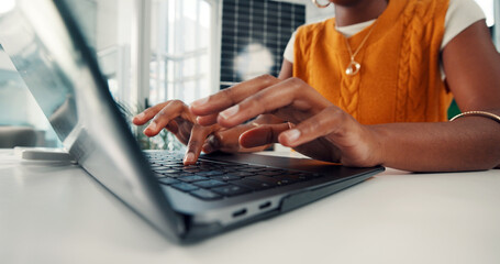 Hands, person and typing on laptop in office with solar panel, research and grid planning. Woman, pc and email client for photovoltaic installation, sustainable solution and information for project