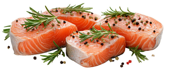 Fresh salmon fillets garnished with aromatic rosemary and black peppercorns, arranged on a clean surface, ideal for culinary presentations or food-related content