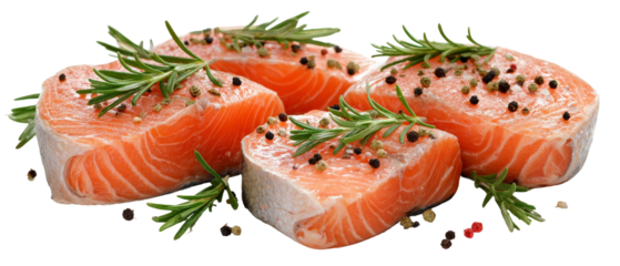 Fresh salmon fillets garnished with aromatic rosemary and black peppercorns, arranged on a clean surface, ideal for culinary presentations or food-related content