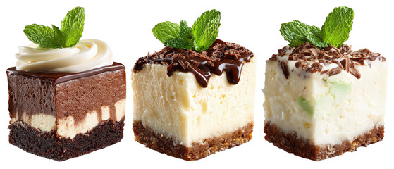 A tempting assortment of three delicious dessert squares featuring chocolate mousse, creamy cheesecake, and refreshing mint garnish, set against a clean background ideal for culinary promotions