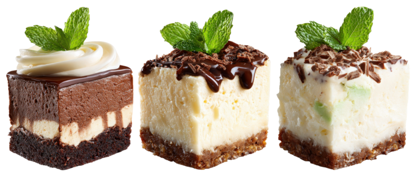 A tempting assortment of three delicious dessert squares featuring chocolate mousse, creamy cheesecake, and refreshing mint garnish, set against a clean background ideal for culinary promotions