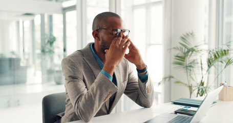 Frustrated, black man or headache with glasses, stress or laptop for eye strain or deadline. Tired, businessman or employee with migraine or wrong lens on computer for poor sight or optometry failure
