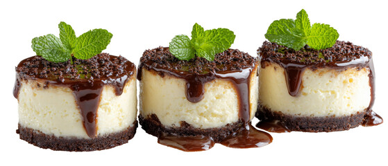 Three delicious mini cheesecakes topped with chocolate sauce and fresh mint leaves, elegantly arranged on a white background, ideal for dessert menus or culinary photography