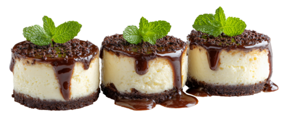 Three delicious mini cheesecakes topped with chocolate sauce and fresh mint leaves, elegantly arranged on a white background, ideal for dessert menus or culinary photography