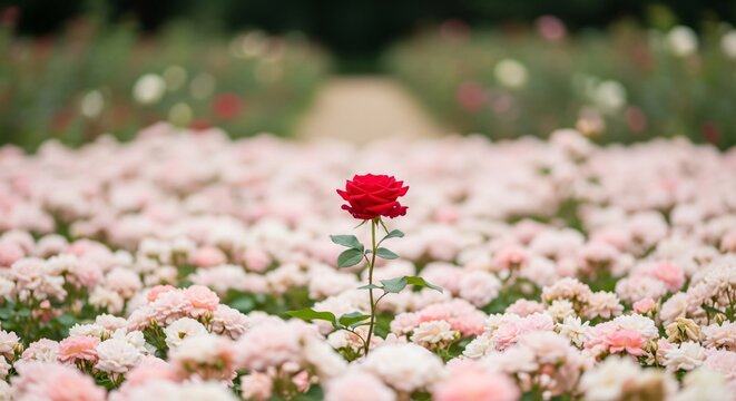A single red rose stands out in a field of soft pink and white roses, with a path leading into the distance