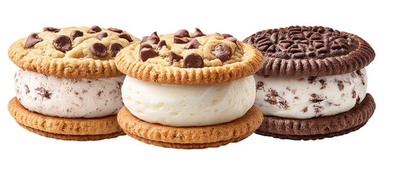 Three delicious ice cream sandwiches featuring chocolate chip cookie, vanilla ice cream, and Oreo cookies, arranged appealingly on a white background, perfect for dessert promotion