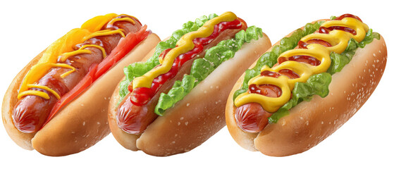 A vibrant display of three gourmet hot dogs topped with fresh lettuce, tomatoes, and condiments, set against a clean white background, ideal for culinary promotions or food blogs
