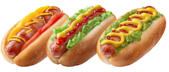 A vibrant display of three gourmet hot dogs topped with fresh lettuce, tomatoes, and condiments, set against a clean white background, ideal for culinary promotions or food blogs