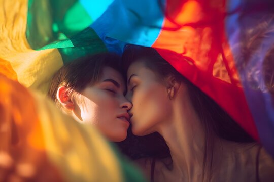 Couple shares tender moment under vibrant rainbow flag