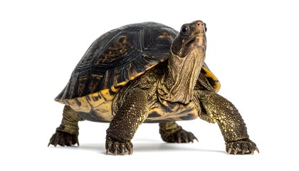 Obraz premium Focused Turtle Portrait on White Background, Capturing Natural Beauty.