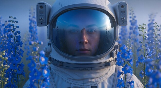 An astronaut in a white spacesuit stands in a field of vibrant blue flowers, with a reflection visible in the helmet visor