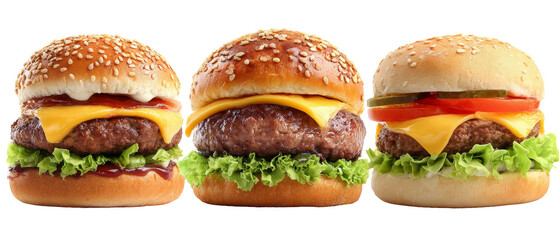 A vibrant display of three delicious burgers stacked with fresh lettuce, melted cheese, and condiments, set against a clean background, perfect for food advertising or culinary blogs
