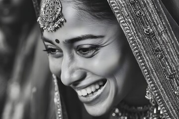 Radiant bride adorned in traditional attire smiles with joy