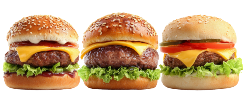 A vibrant display of three delicious burgers stacked with fresh lettuce, melted cheese, and condiments, set against a clean background, perfect for food advertising or culinary blogs