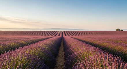Expansive rows of blooming lavender fields stretch towards the horizon under a clear blue sky, creating a breathtaking vista of purple and green in the countryside